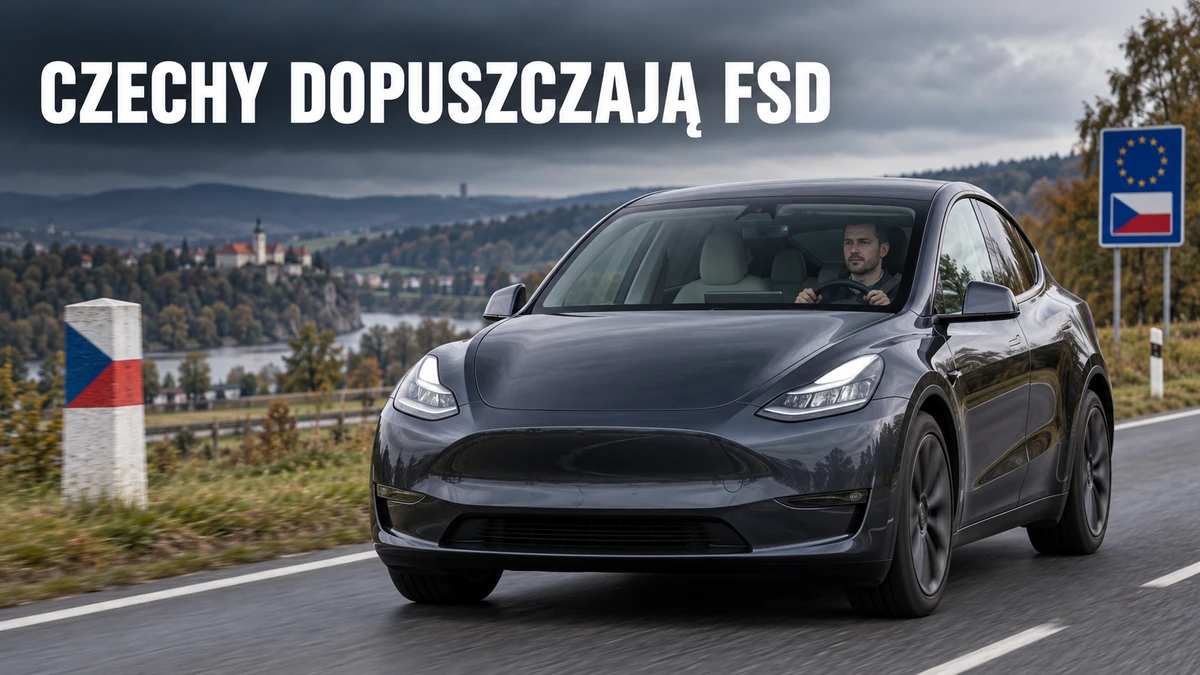 Ilustracja Tesli na czeskiej drodze z widocznym kierowcą trzymającym kierownicę.